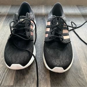 Adidas barely warm black sneakers with rose gold stripes